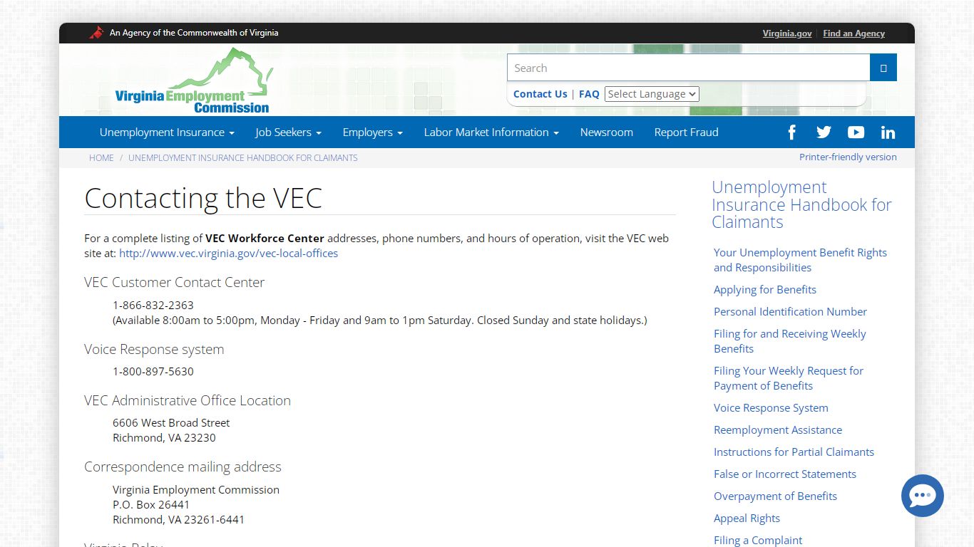 Contacting the VEC | Virginia Employment Commission
